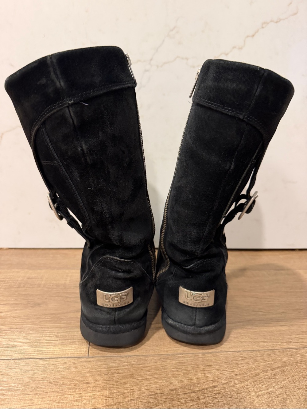 UGG Black Suede Shearling Mid-Calf Boot with Buckle, women 7 - Picture 4 of 13